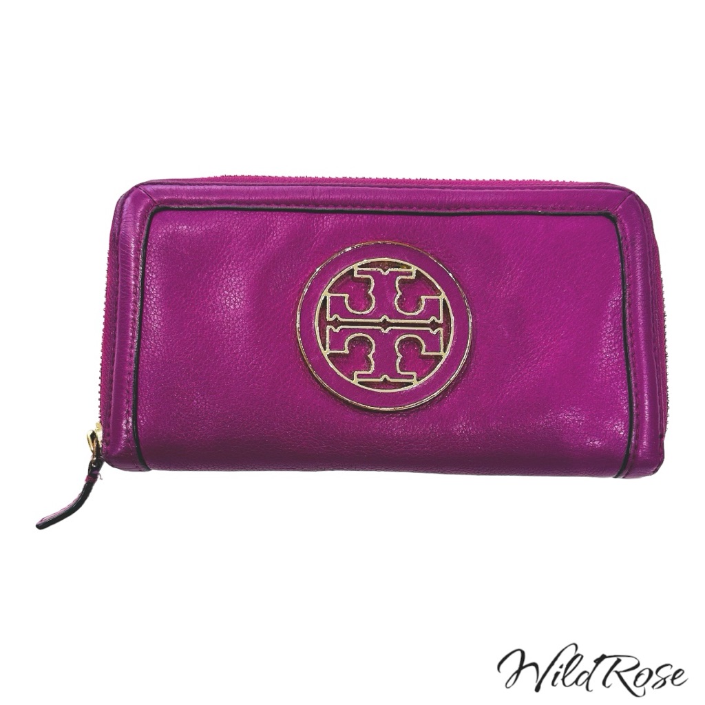 Tory Burch Purple Pebbled Leather Zip Gold Monogram Hardware Wallet